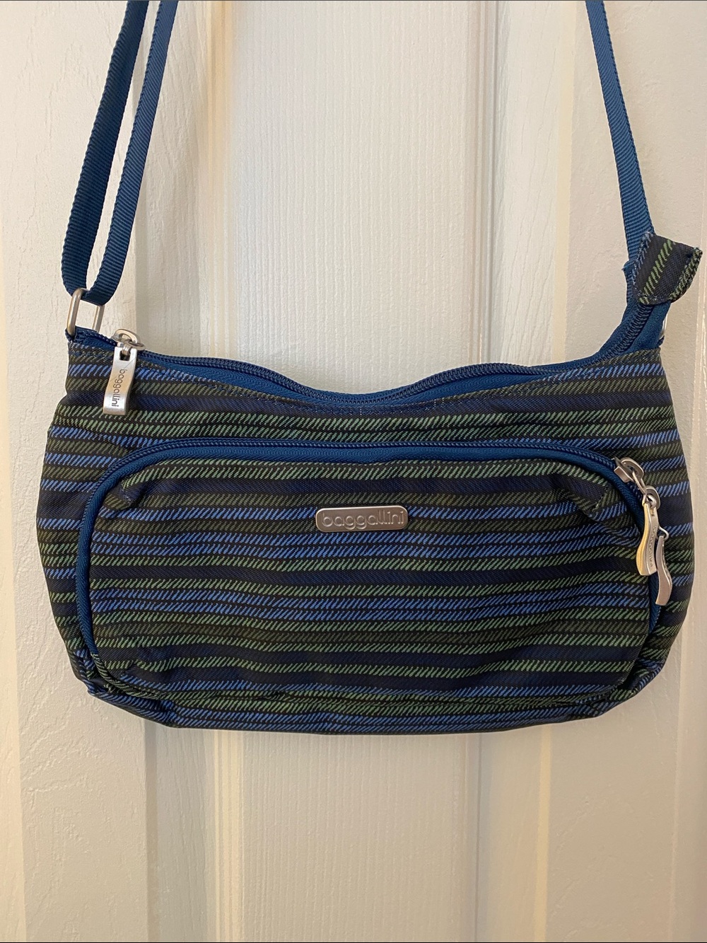 Baggallini Navy and Olive Striped Crossbody Bag